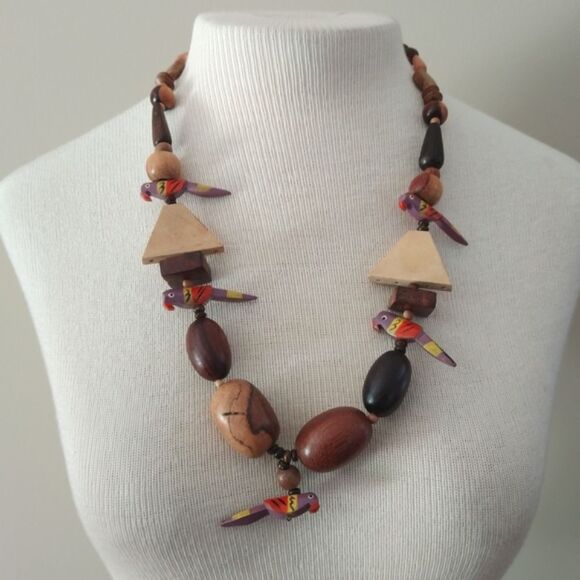 Wooden Bird Parrot Tropical Vacay Statement Necklace - Picture 1 of 7